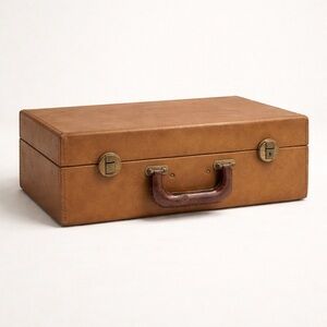 Vintage 1950s Train Case Cognac Faux Leather Storage Decor Suitcase